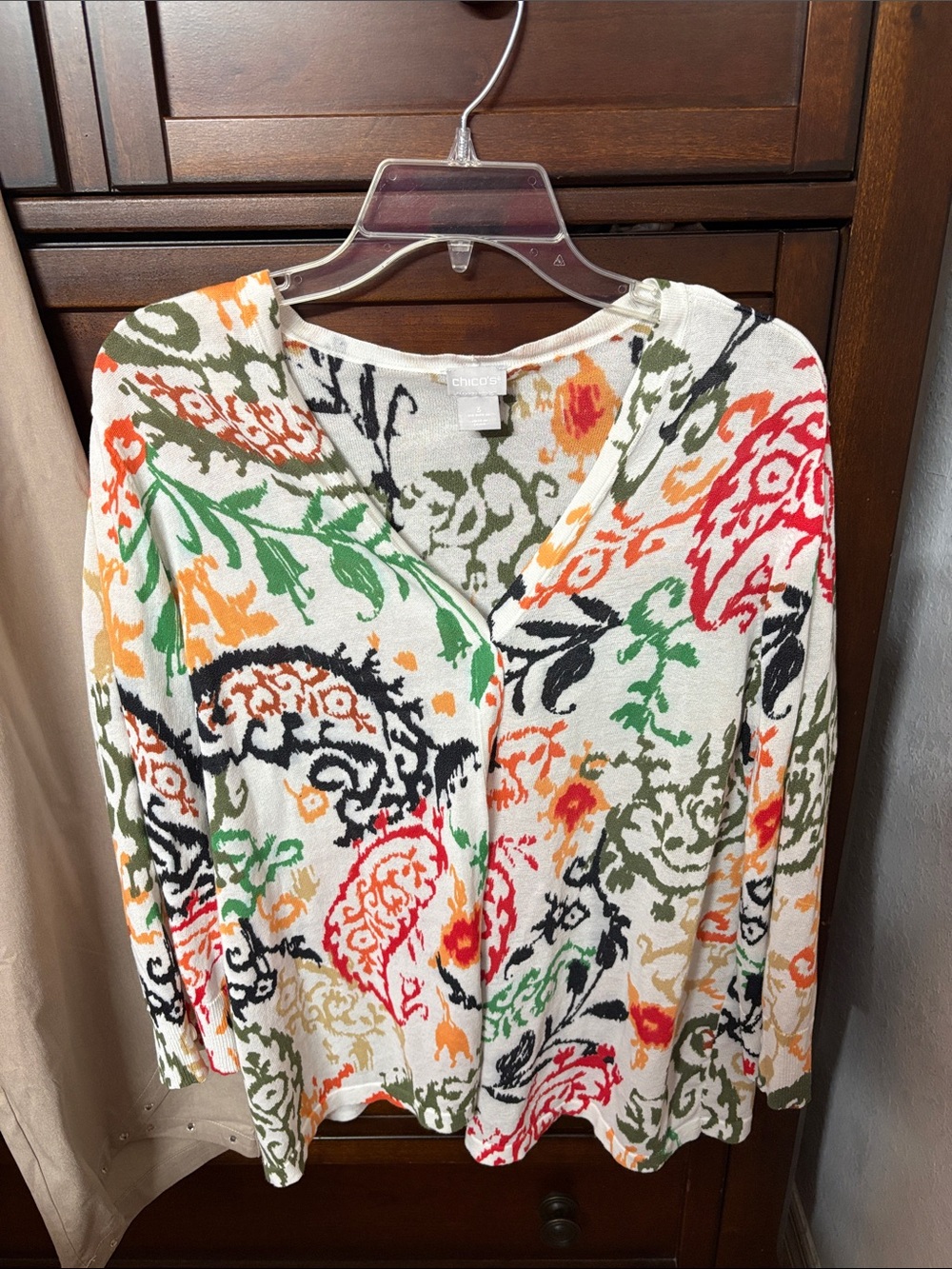 Chico's off white Floral Open-Front Lightweight Cardigan Sweater